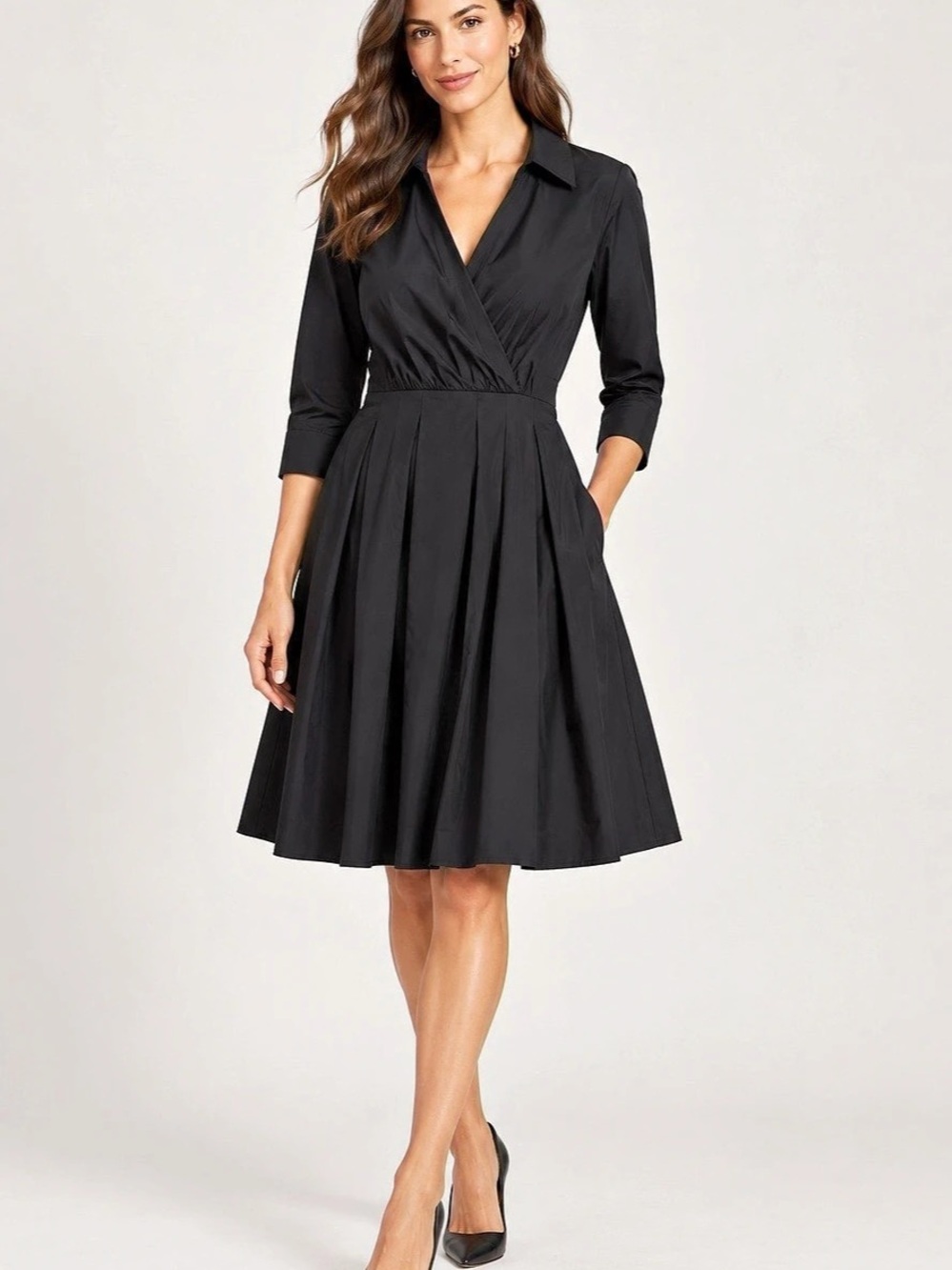 Milly $395 Black Collared Wrap Fit & Flare Dress